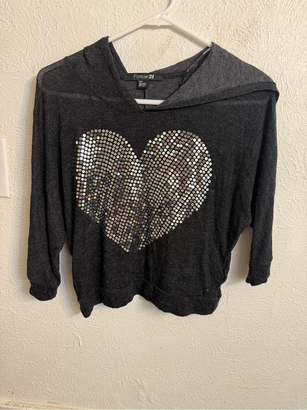 Y2K Forever 21 Charcoal Gray Hoodie with Sequin Heart Accent